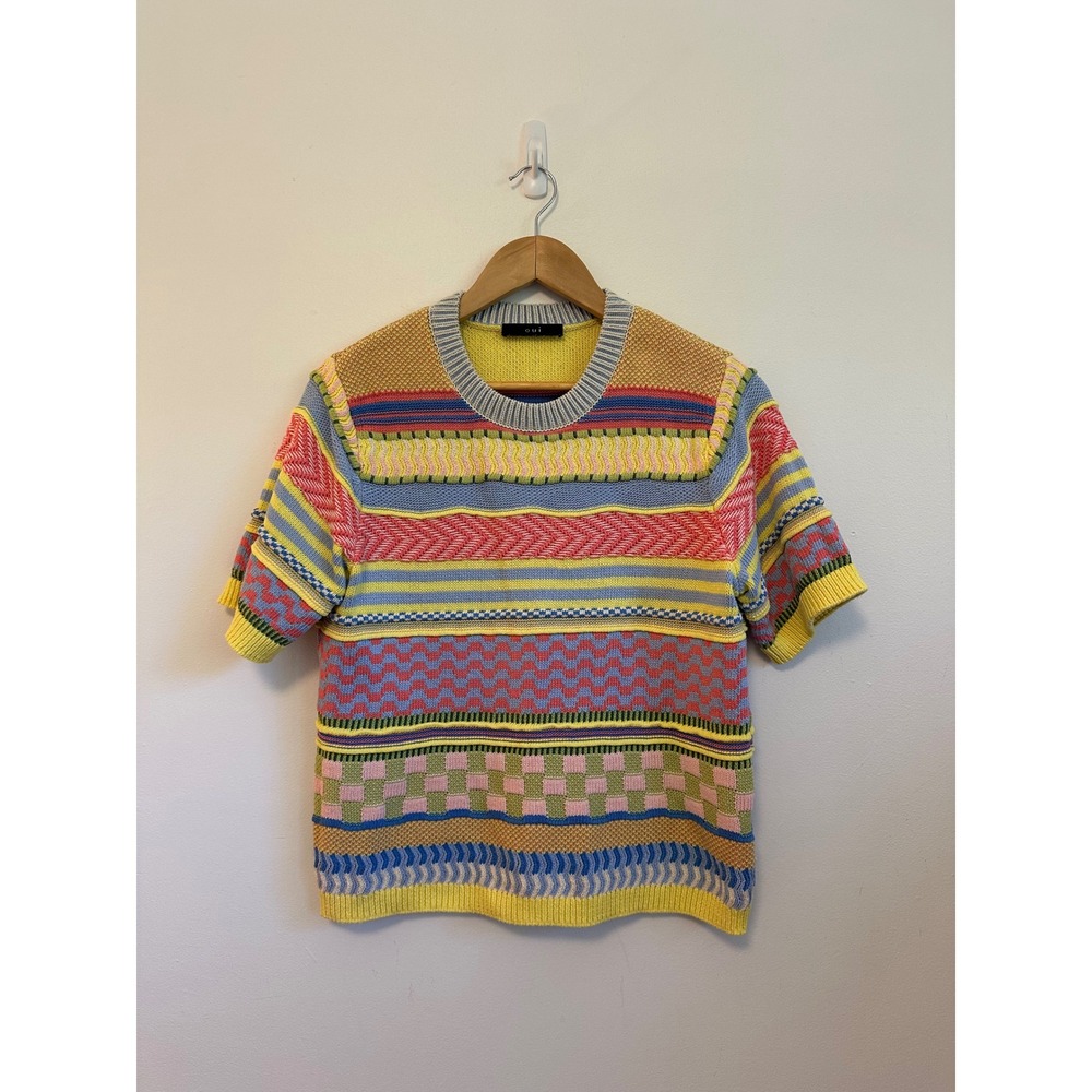 Oui Multi Color Mixed Geometric Knit Short Sleeve Cotton Sweater | Size 8